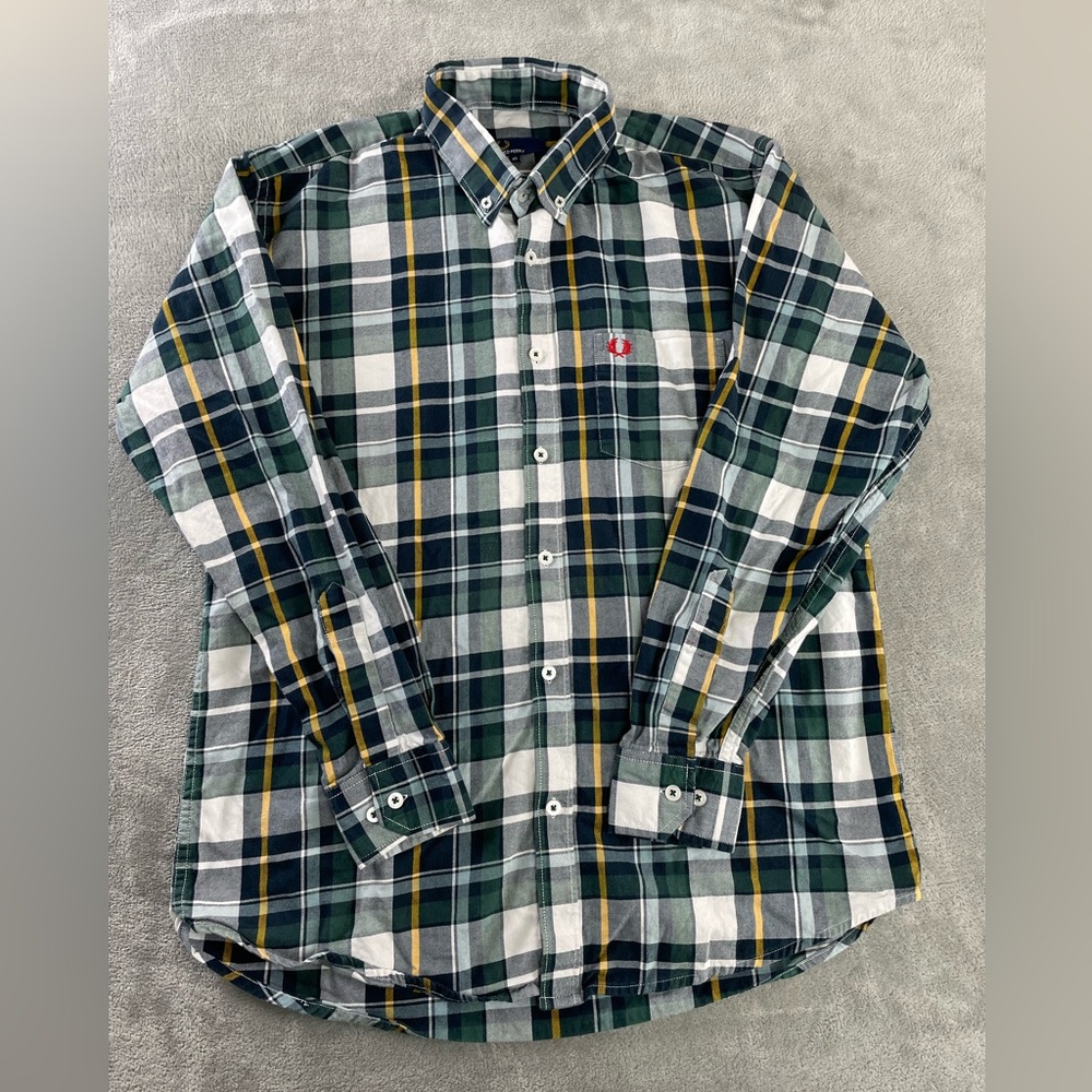 Fred Perry BOYS XL Long Sleeve Green Yellow Plaid Cotton Button Up Shirt Preppy
